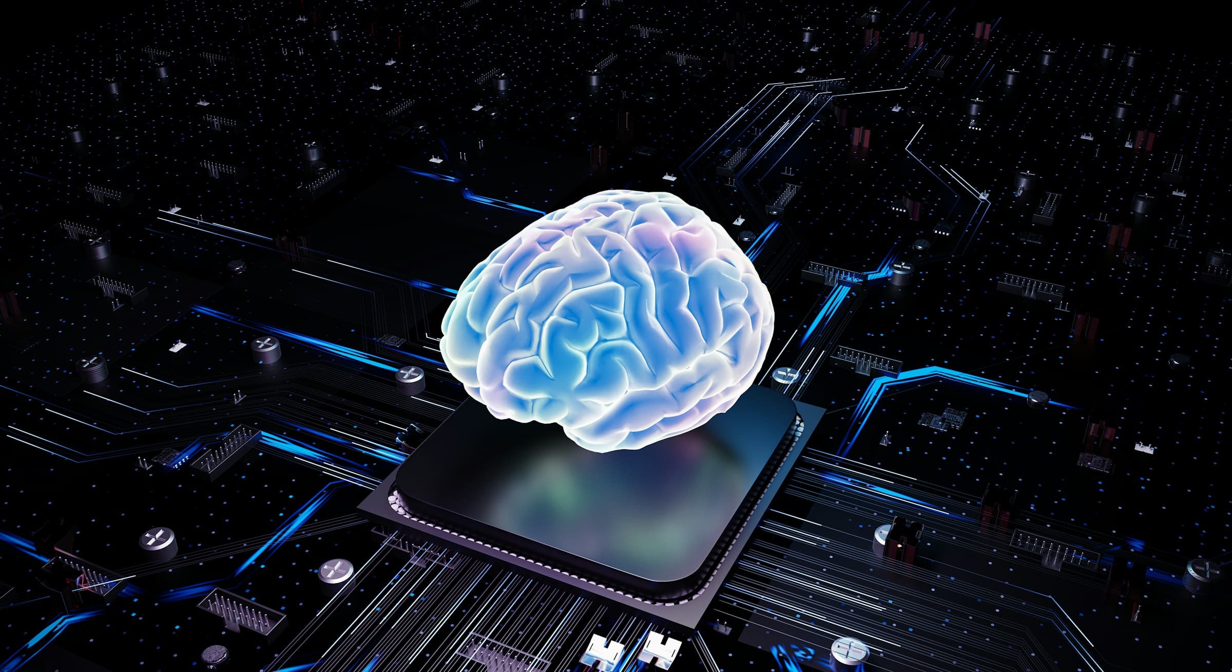 Illustration of a glowing brain floating above a computer chip on a dark circuit board
